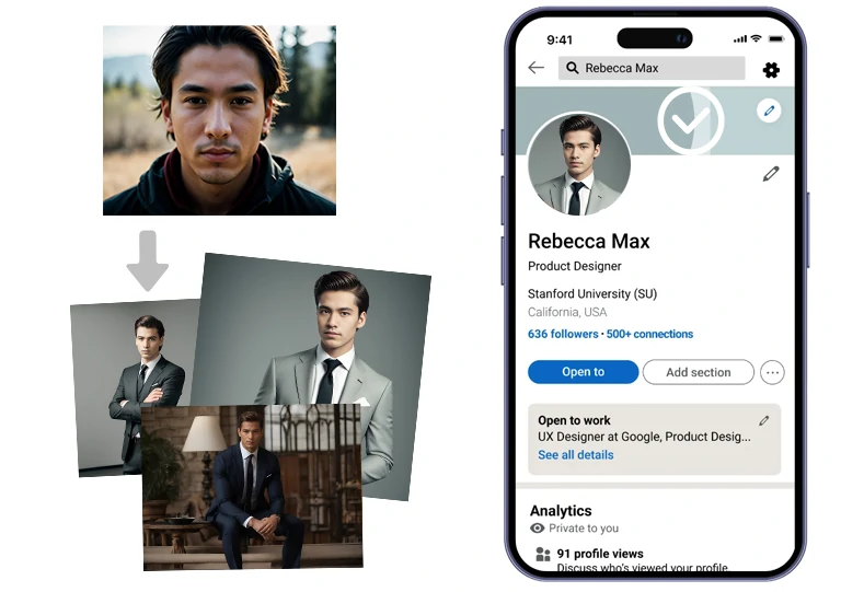 AI-crafted LinkedIn profile photos showcasing professionalism and uniqueness with customizable options.