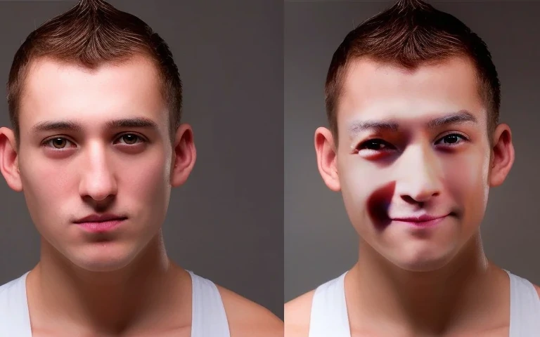 A man replace face in video online free his own face with someone else's. This tool can significantly improve the clarity of his face.